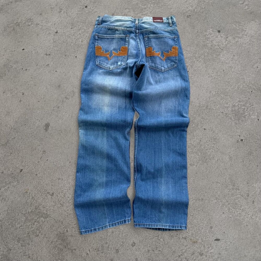 Y2K 2000s Faded Blue Baggy Cotton Jeans Cool Embroidery  Size 32x32